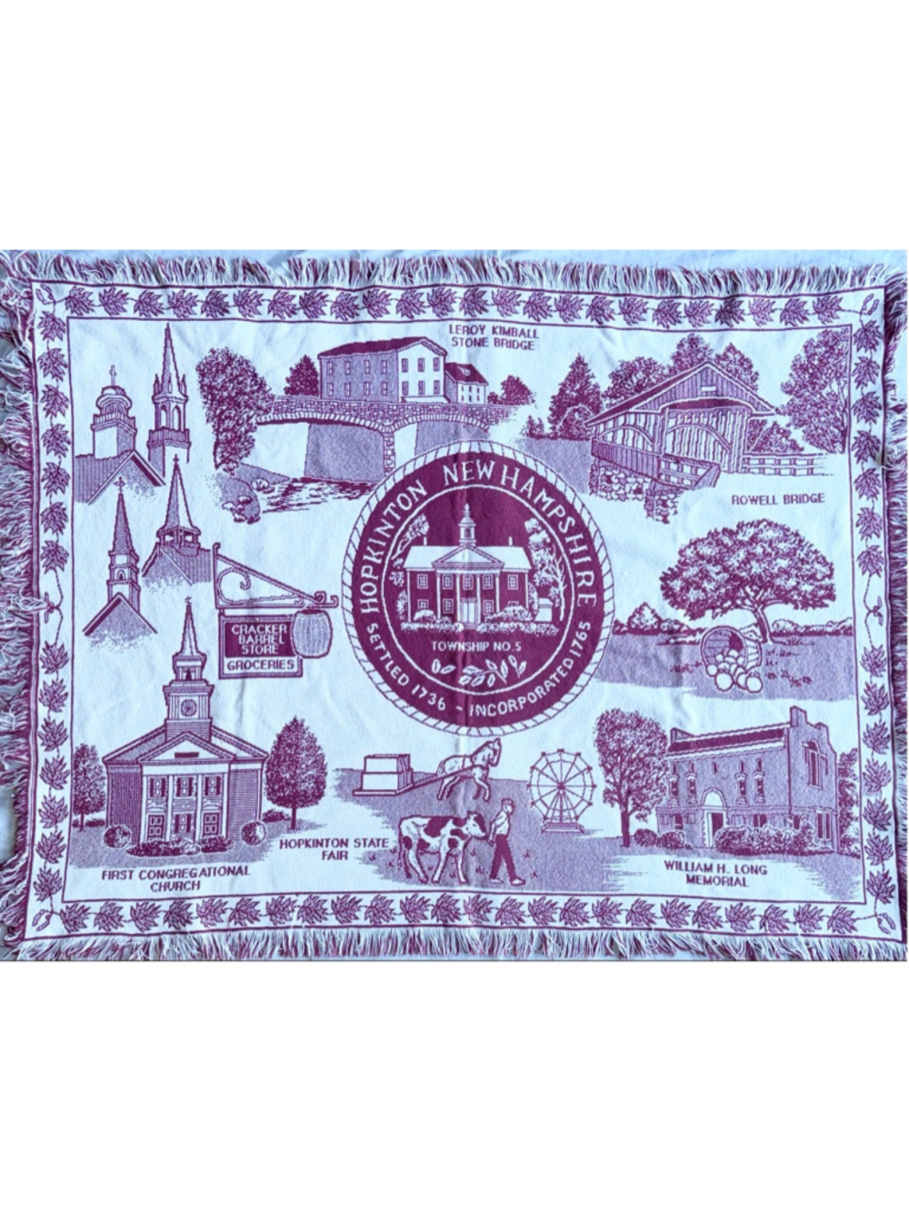 Vintage Tapestry Throw Blanket Hopkinton New Hampshire Maroon/White Apprx 48x63